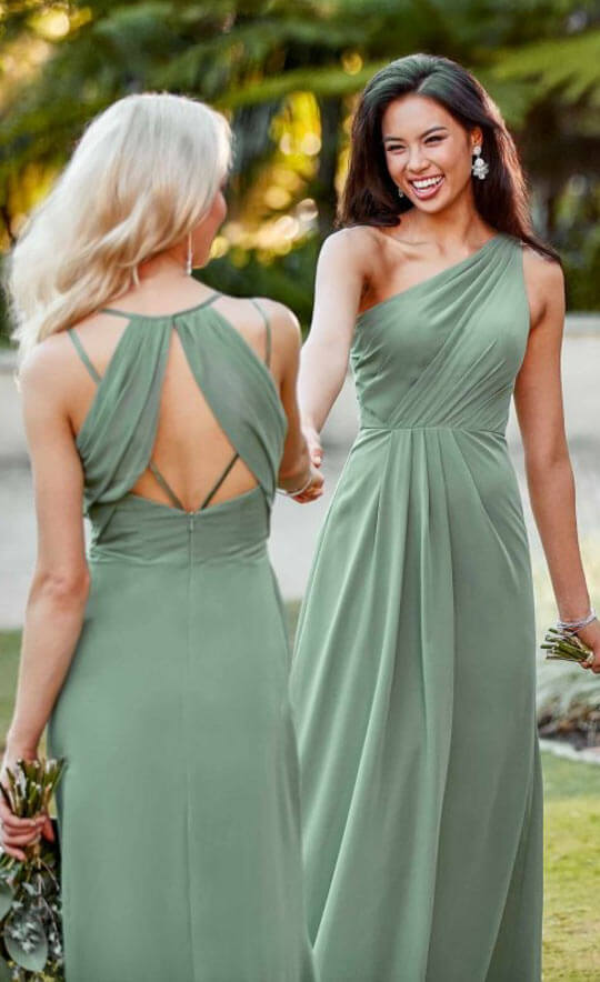 Model wearing a green gown. Mobile image