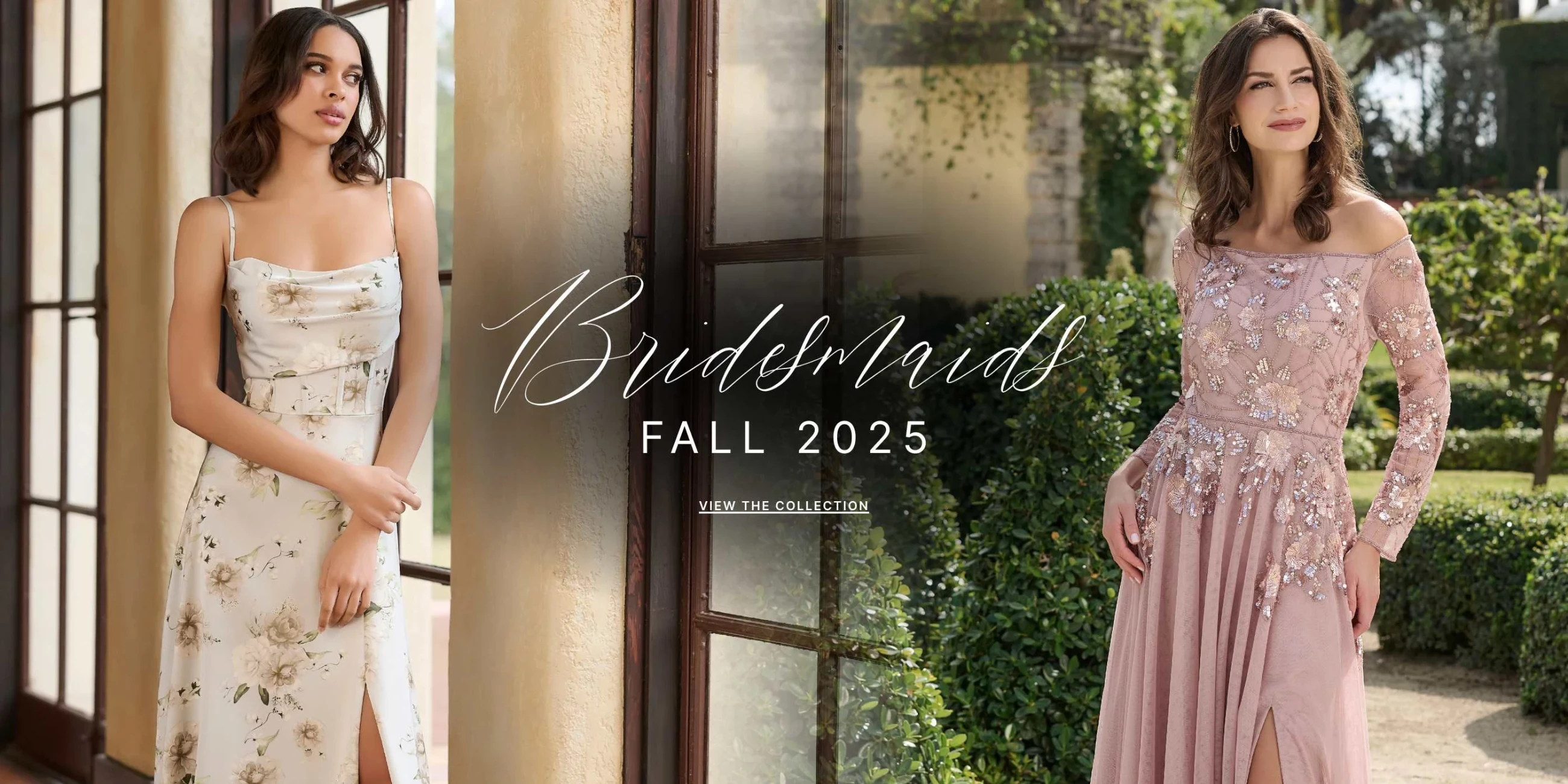 Models wearing Christina Wu Celebration and Adrianna Papel Platinum dresses, desktop banner