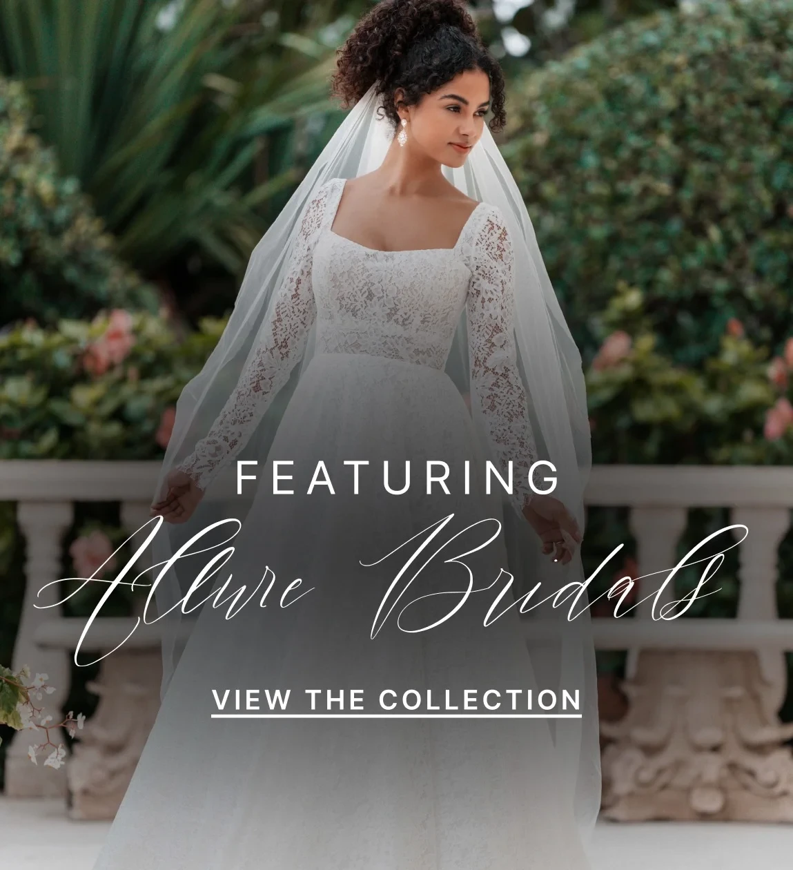 Model wearing Allure Bridals gown, mobile banner