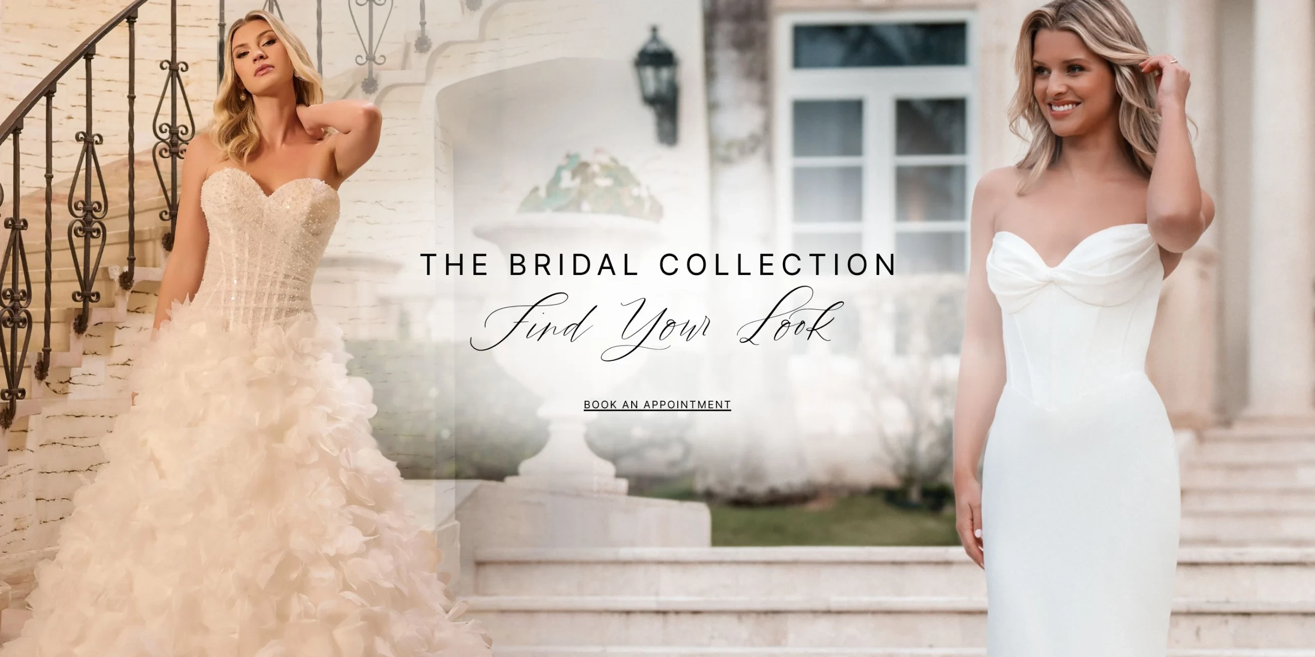 Models wearing Allure Bridals and Christina Wu Brides bridal gowns, desktop banner
