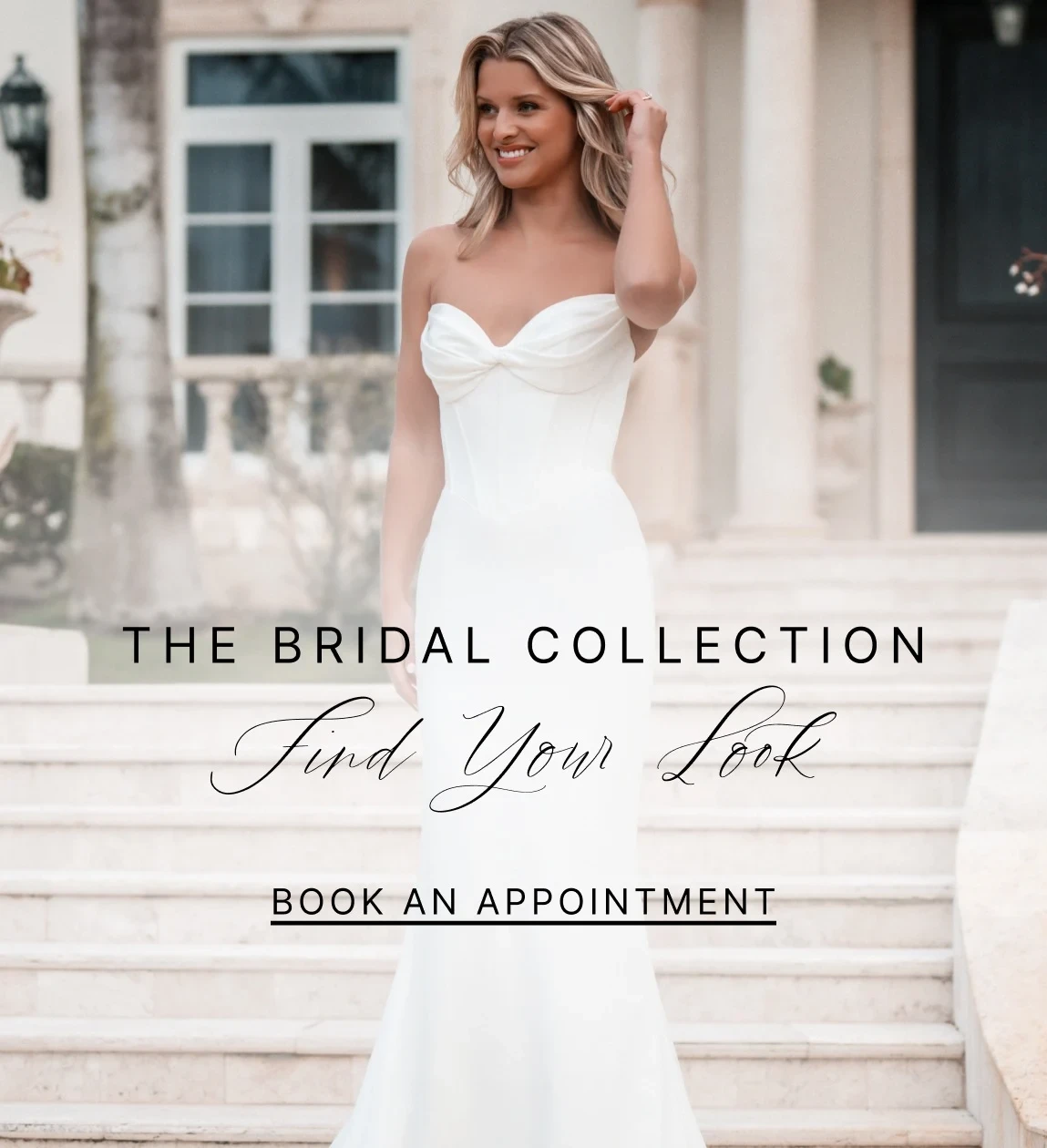 Model wearing Allure Bridals bridal gown, mobile banner