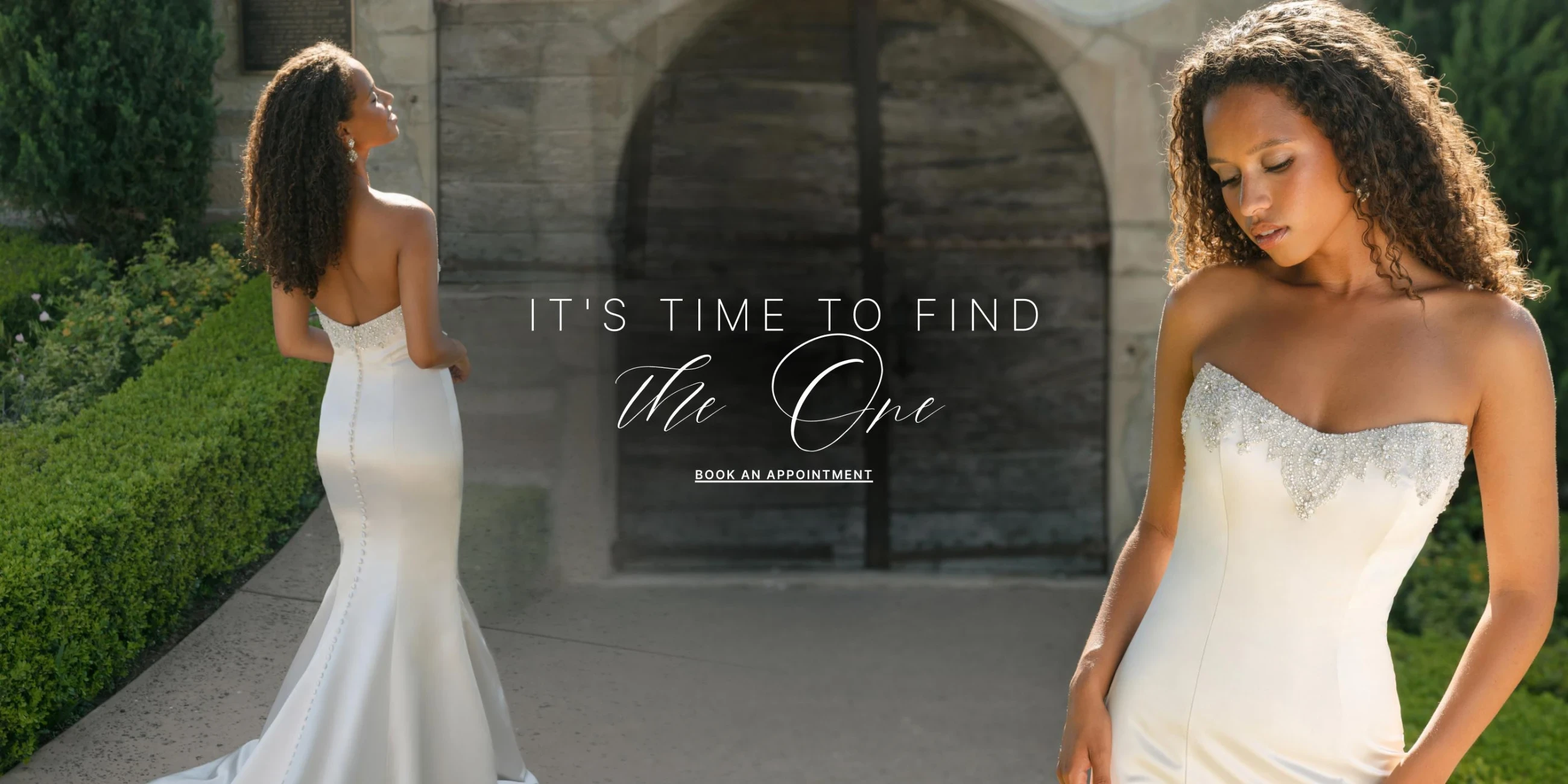 Model wearing Allure Bridals bridal dress, desktop banner