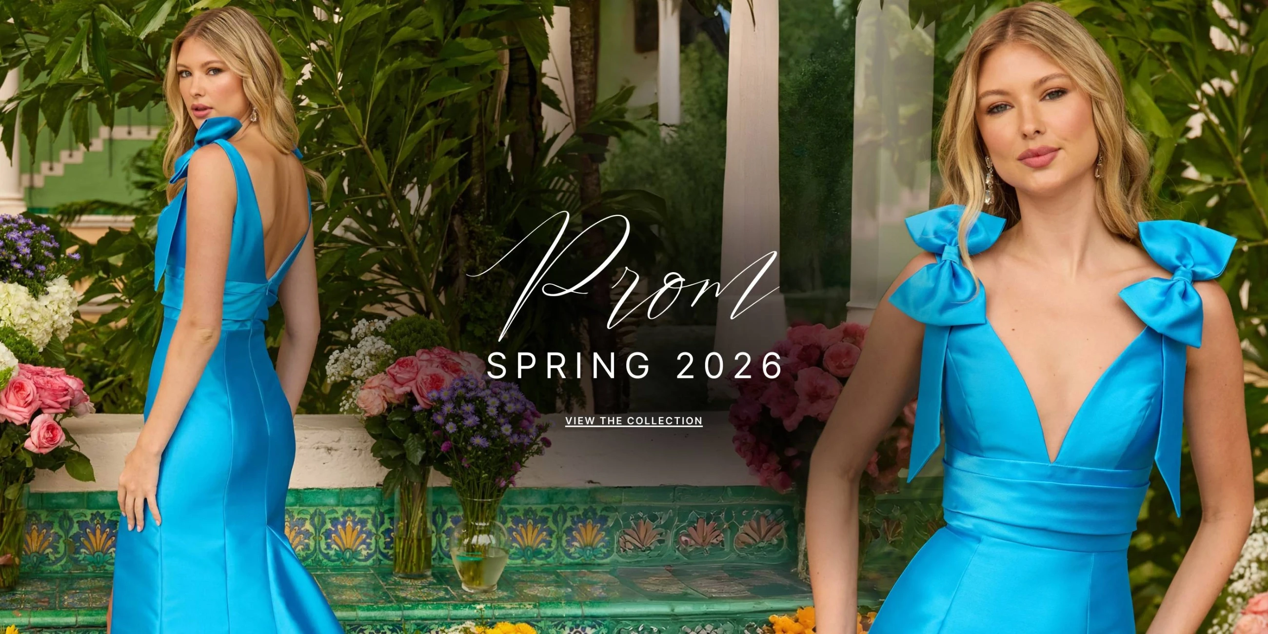 Model wearing Ava Presley 42308 prom dress, desktop banner