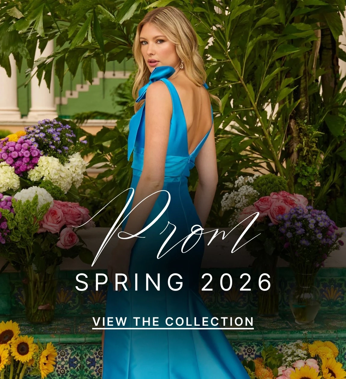 Model wearing Ava Presley 42308 prom dress, mobile banner