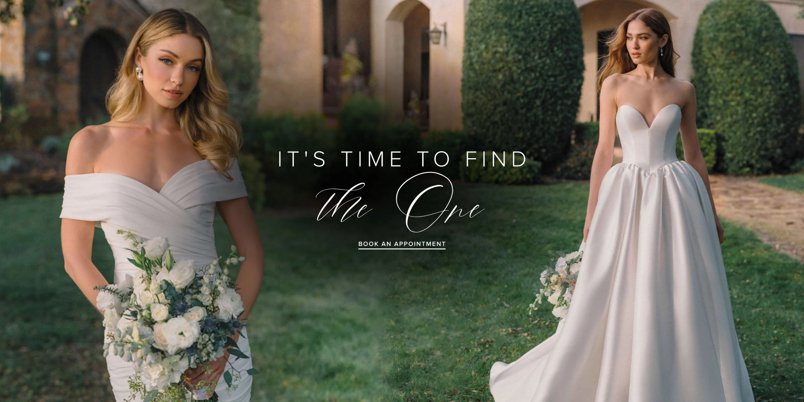 Models wearing wedding dresses, desktop banner
