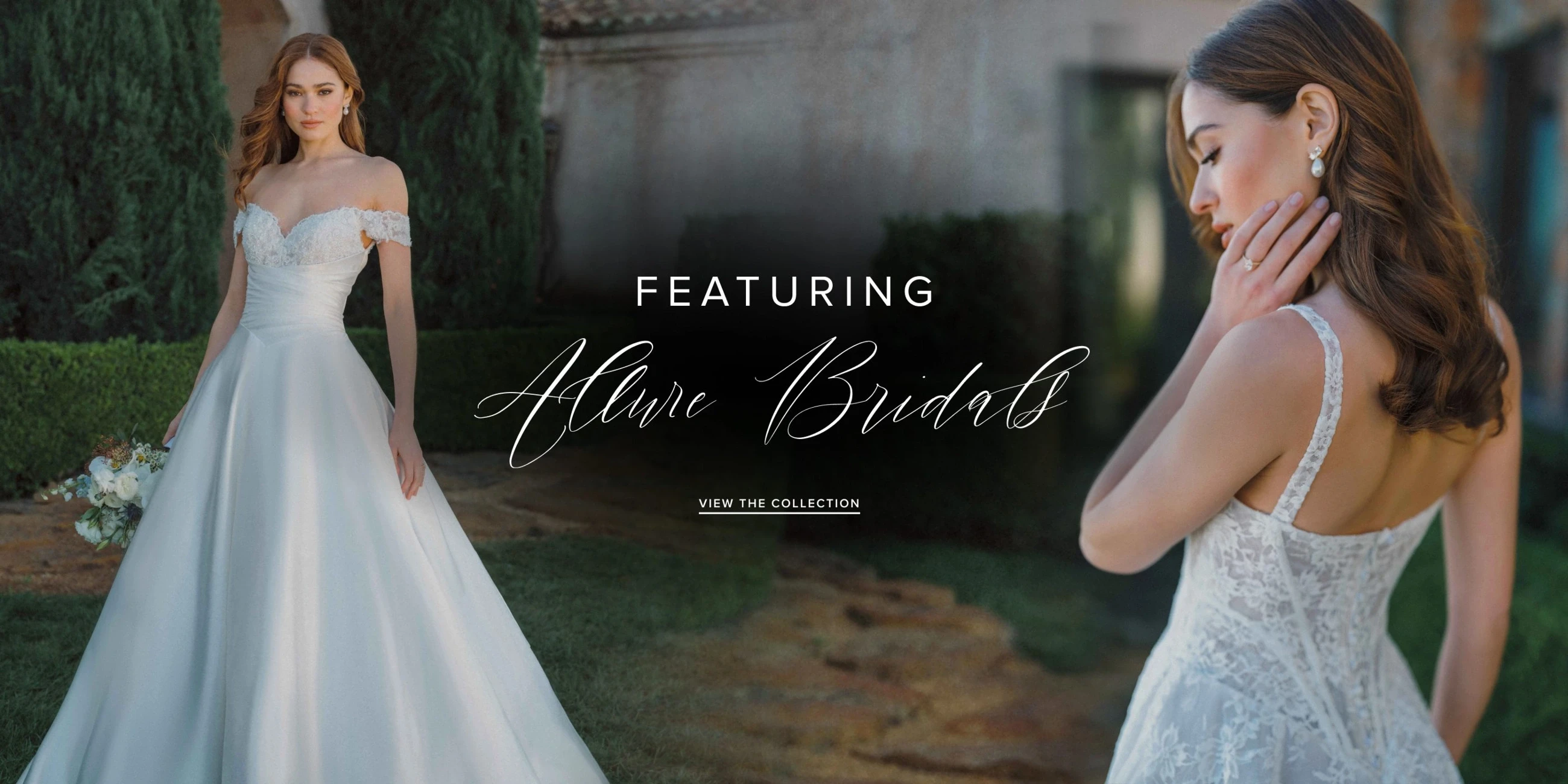 Models wearing Allure Bridals wedding gowns, desktop banner