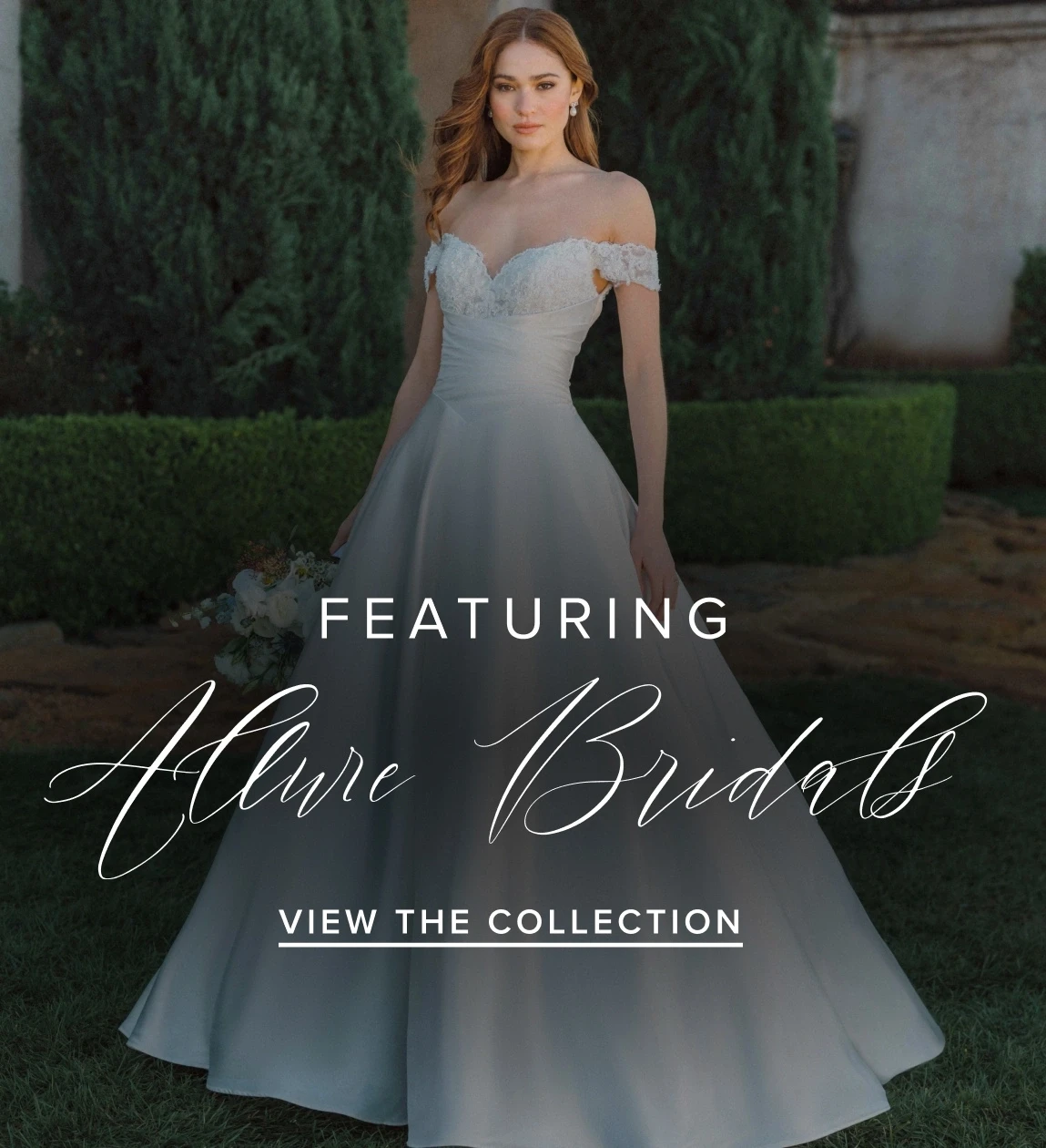 Model wearing Allure Bridals wedding gown, mobile banner